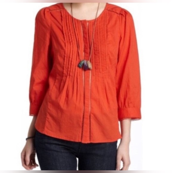 NWOT ANTHROPOLOGIE Meadow Rue Womens Fluted 3/4 Sleeve Pleated Cotton Button Top - Picture 1 of 8